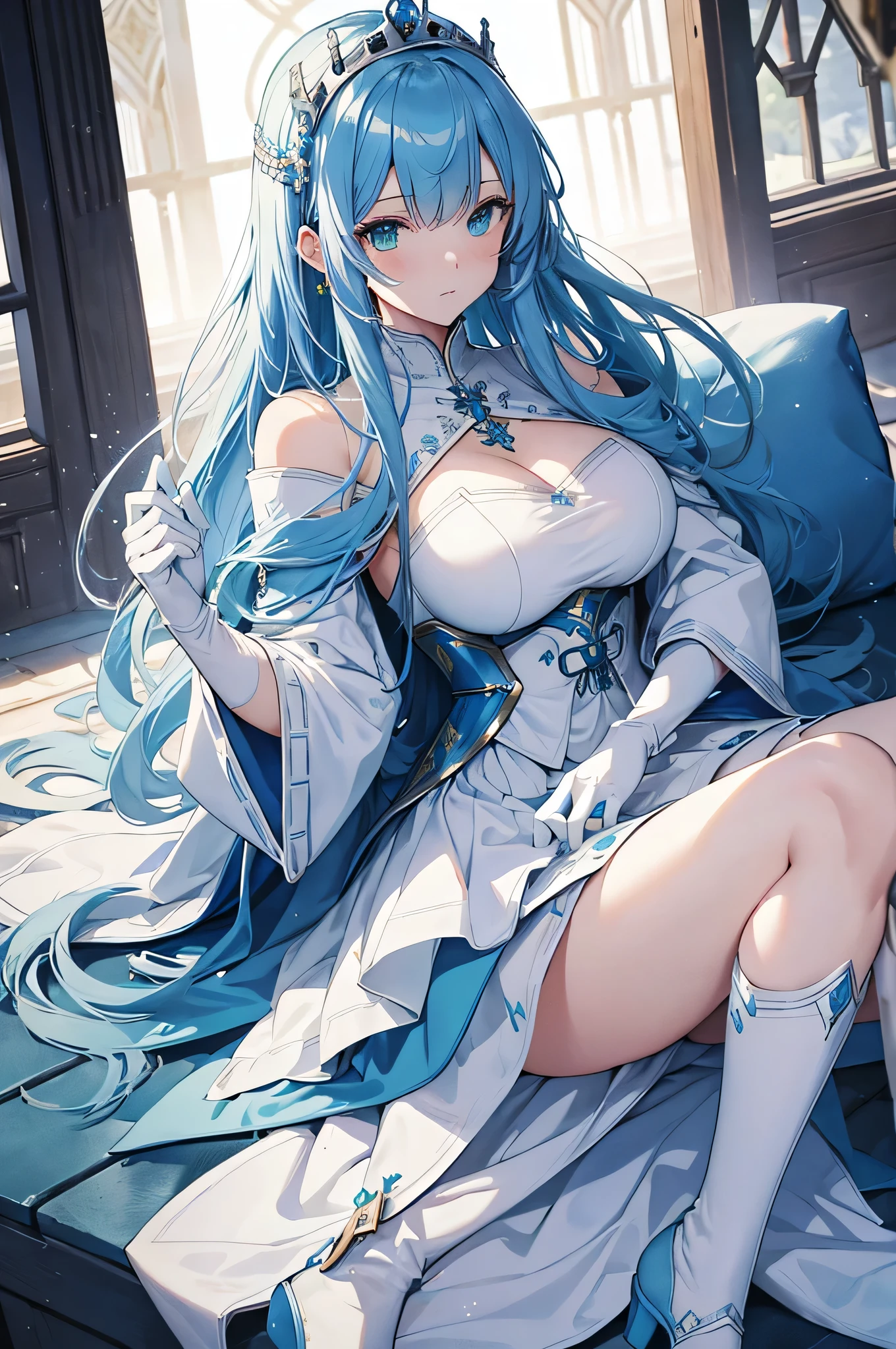 4K,High resolution,One Woman,Light blue hair,long hair,Braid,Big Breasts,witch,White high leg leotard,White boots,White gloves,Black tights,White witch hat,Jewelry decoration,Magic wand,Medieval village,Sunrise background