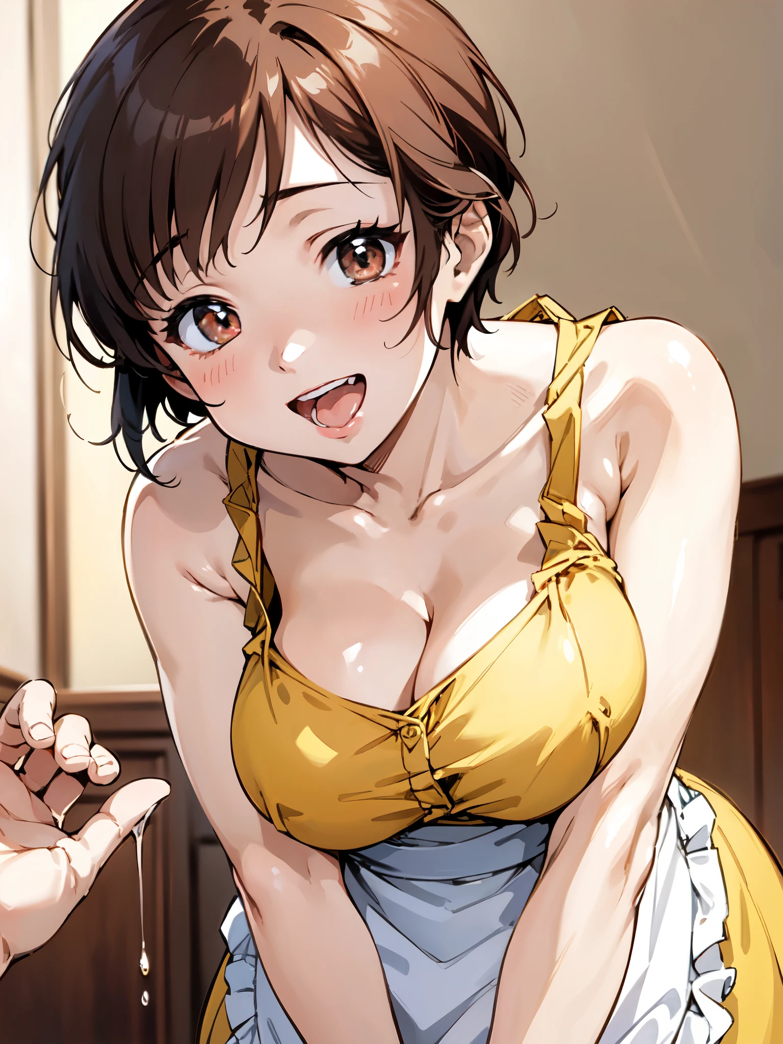 high level image quality、high quality、masterpiece、4k,8k,Etsukoto, yellow dress, sleeveless dress, apron, white socks, Mary Janes,giant breasts,happy smile,Living room