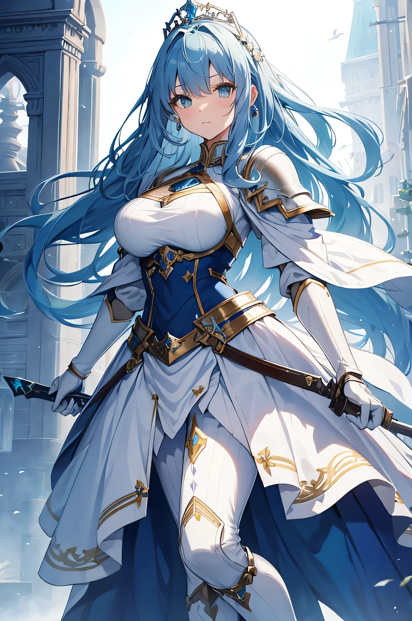 4K,High resolution,One Woman,Light blue hair,Long Ponytail,Big Breasts,Princess Knight,Light blue dress,White knight armor,Full Armor,White gloves,Princess Tiara,Jewelry decoration,Long sword,Medieval town