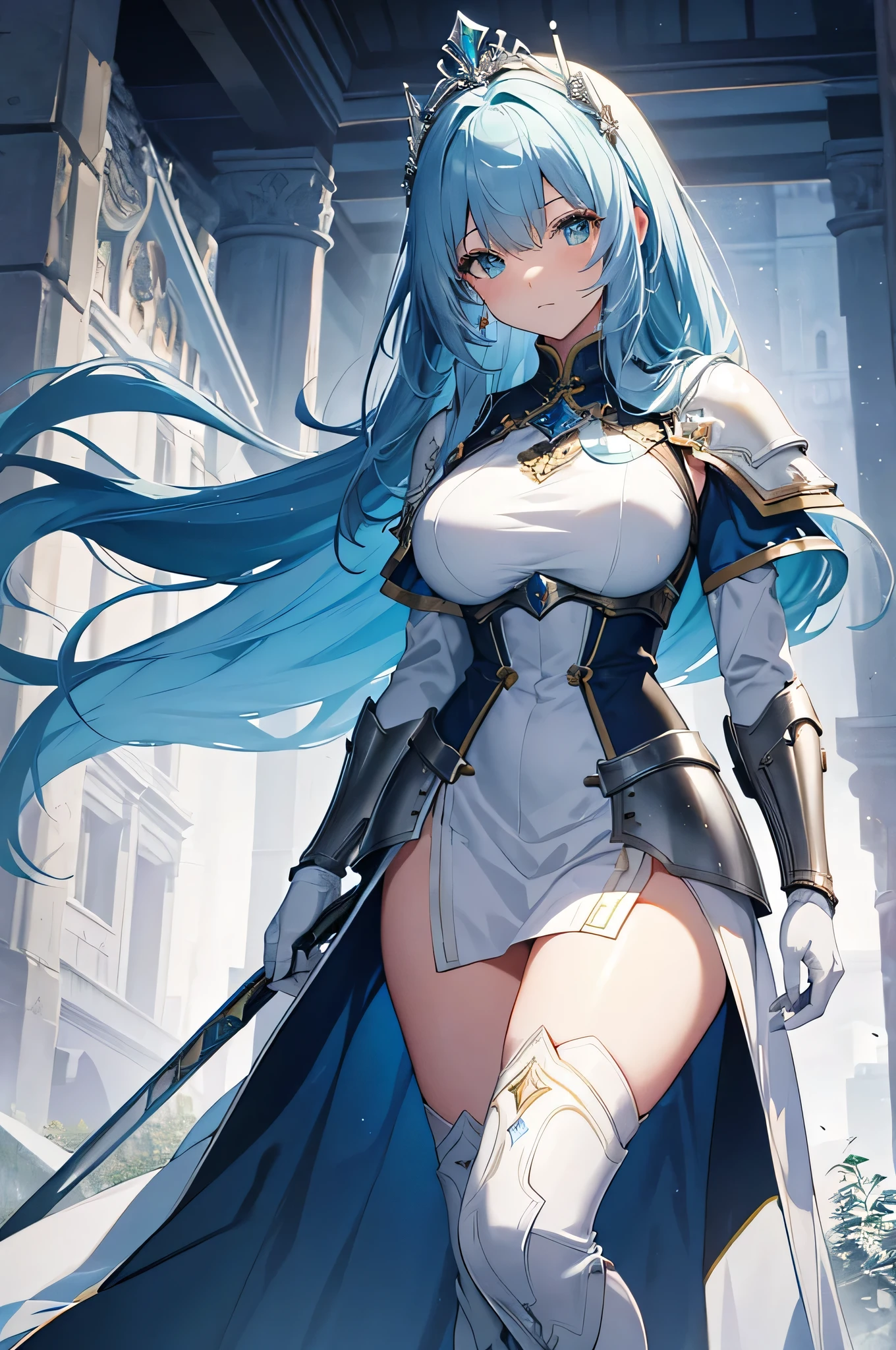 4K,High resolution,One Woman,Blue Hair,long hair,Big Breasts,Swordsman,Blue high leg leotard armor,White gloves,White shoes,hair band,Jewelry decoration,Long sword,Medieval town
