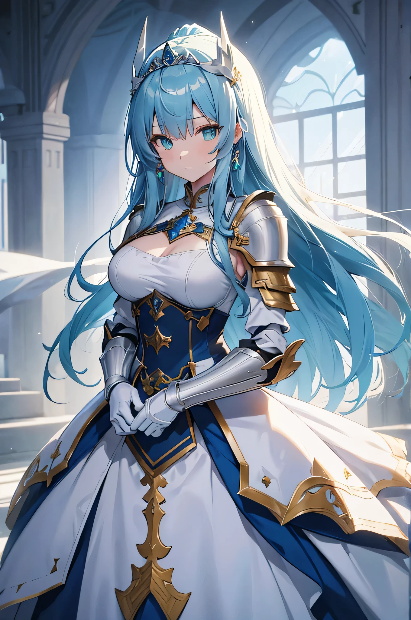 4K,High resolution,One Woman,Light blue hair,Long Ponytail,Big Breasts,Princess Knight,Light blue dress,White knight armor,Full Armor,White gloves,Princess Tiara,Jewelry decoration,Long sword,Medieval town