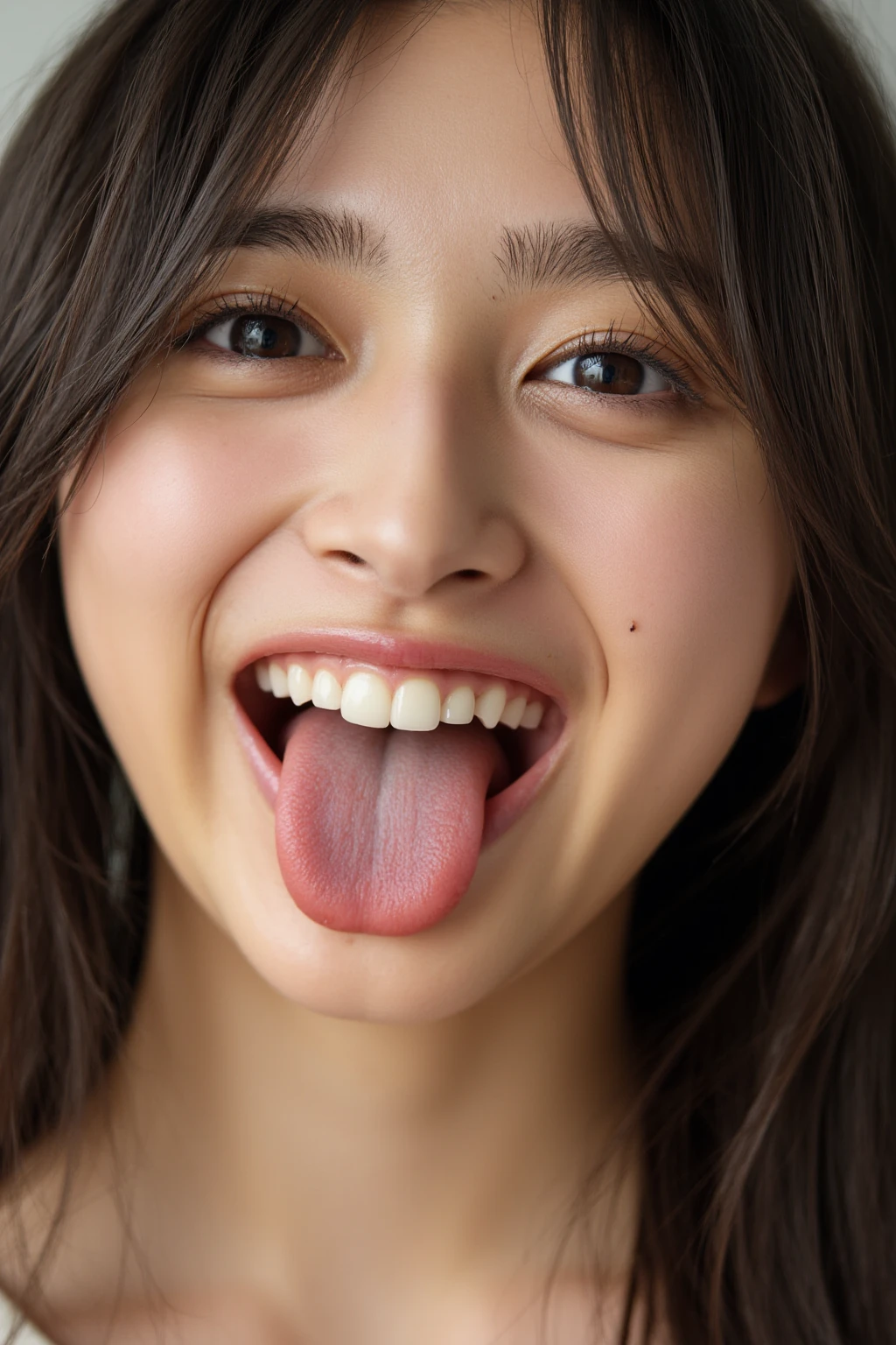 a woman, mouth open, (uvula:1.3), tongue out, wide smile, happy face, extreme midday sun, toplit, frontlit, cute, seductive, white caucasian, sharp focus, dslr, professional , stunning, very detailed, aesthetic, ultra realistic, wholesome, warm light, low cut blouse, detailed pupils, detailed eyes, golden eyes, very detailed skin, pretty teeth