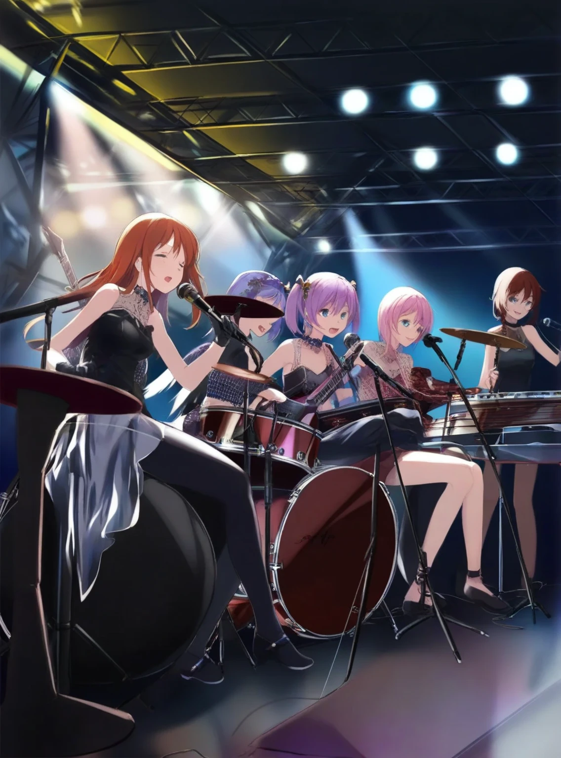 A group of girls playing musical instruments in a roadside bar on stage under spotlights and garlands. cool black guitars, drums , microphone. rock band.