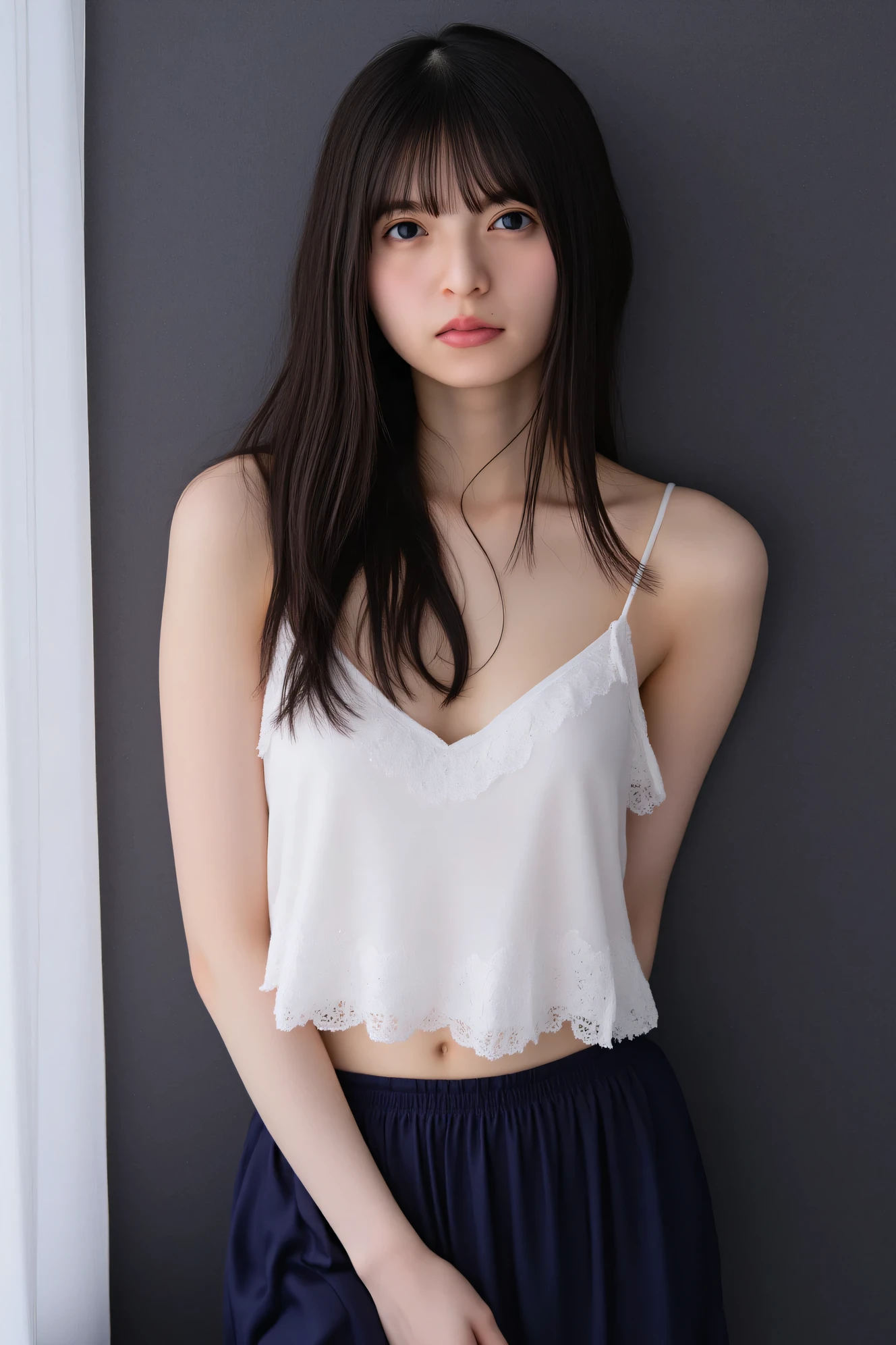 ((( High Resolution , top quality, very well detailed, masterpiece , highly detailed photos , realistic , Real people , Ultra precise skin ))) , , ( from the front ) , full body , Advance Shot , Viewer , ( cool face , seductive face ) , { wearing the crop top camisole , shorts, sleeveless, bare shoulders , off shoulder and open clothes, : 1.8 } , black hair , medium hair , medium breasts , { frog-sit on the bed , hands put between the legs : 1.8 } , the dark hours of dawn , (( tuck hair behind the ear : 1.8)) , { nsfw },