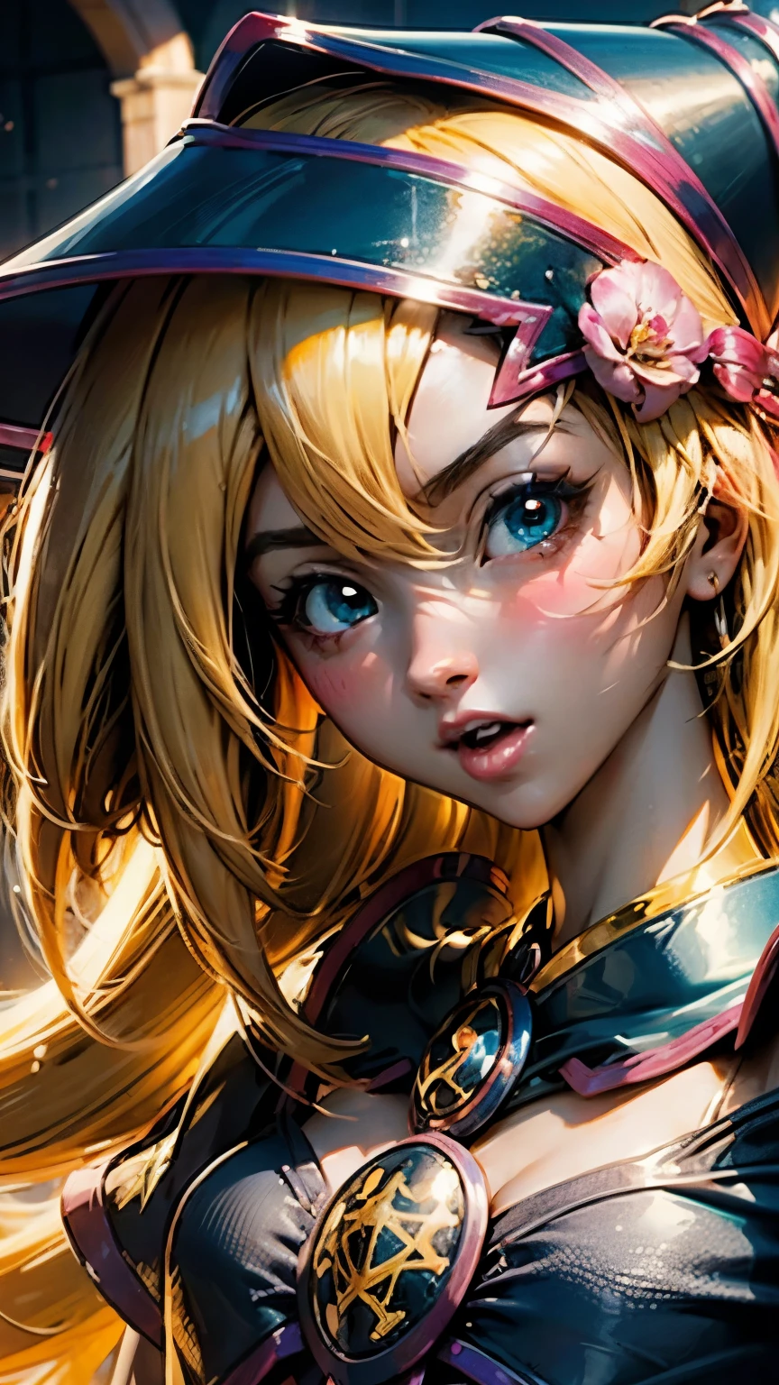 Tome de medio cuerpo de dark magician girls、、expresión bright、Horse tail、young, Glossy, bright, White skin、cheek highlighting、The best beauty、Clear, silky blonde hair with dazzling highlights、Cabello bright y bright,、Super Long Silky Straight Hair、Flequillo hermoso y bright、Grandes ojos azules brights como joyas brights.、very beautiful pretty pretty girl、wide bust