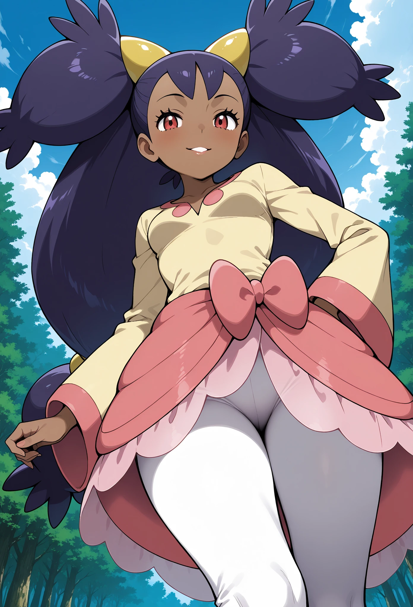 iris \(pokemon\), 1girl,1boy,solo,purple hair, long hair, red eyes, dark skin, big hair,,pussy,(niplles:1.1),