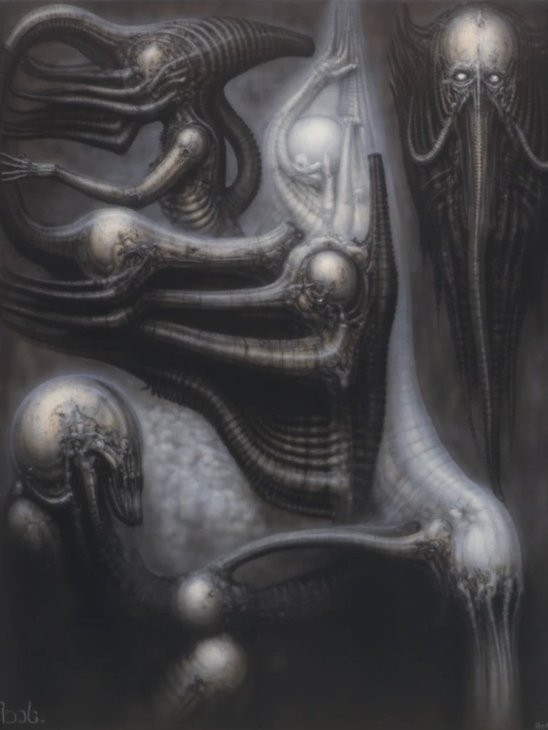 g1g3r, Giger_style, The image is a detailed view of H.R. Giger's \" Li II \" plate, featuring a complex network of bones and organs in a purple-brown hue ,swirling gray and brown colorsgroup of three alien figures positioned in the foreground.  Emaciated and skeletal, with hollow eyes, they appear to be constructed from bone and  metallic  elements,  a  characteristic  fusion  of  organic  and  mechanical  forms  found  in  Giger's  biomechanical  art.  
 The image features a robotic humanoid figure with intricate mechanical details, standing in a room with a glowing screen displaying the word \"EVE\" and a hand reaching out to touch its face.  The background is a dark and  limited  space  painted  in  a  uniform  blue-green color.  This  lack  of  detail  keeps  the  focus  on  the  figures  and  creates  a  sense  of  mystery  about  their  environment.  Receding into the distance  are  a  series  of  arches  and  tunnels  that  hint  at  a  larger  biomechanical  landscape,  possibly  the  work  of  the  creatures  themselves The artwork is silver and purplish brown, with an ivory bones prominently displayed. The image is highly detailed and intricate, almost like a 3d version of a medical diagram (detailed view of an anatomy model, possibly of a human body, with transparent organs and bones exposed). The piece has a thick mechano-organic texture and is covered in fine details. The image has a swirling, organic quality to it. The artistic manner would be unmistakably Gigeresque. A dark and unsettling beauty would permeate the piece, blurring the lines between fascination and repulsion , forever haunted by the grotesque allure. Giger's signature artistic manner would be evident in every stroke. The airbrush would be wielded with masterful precision to create a hyperrealistic yet nightmarish aesthetic.., ooze soaked pajama top
