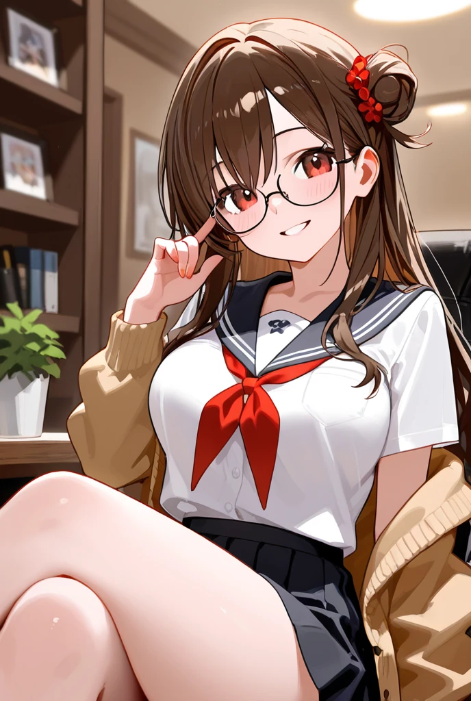 Highest quality, masterpiece, High resolution, alone, {full moon_Fleet Collection:1.15}, Long Hair, Brown Hair, Glasses, brown_eye, red-framed_Glasses, semi-rimless_Glasses, Crescent Moon, black_Seraphim, blush, Under Rim_Glasses, One girl, Closed_eye, Open_mouth, School_uniform, (indoor, office, living room), , blackスカート, smile, (Petite)