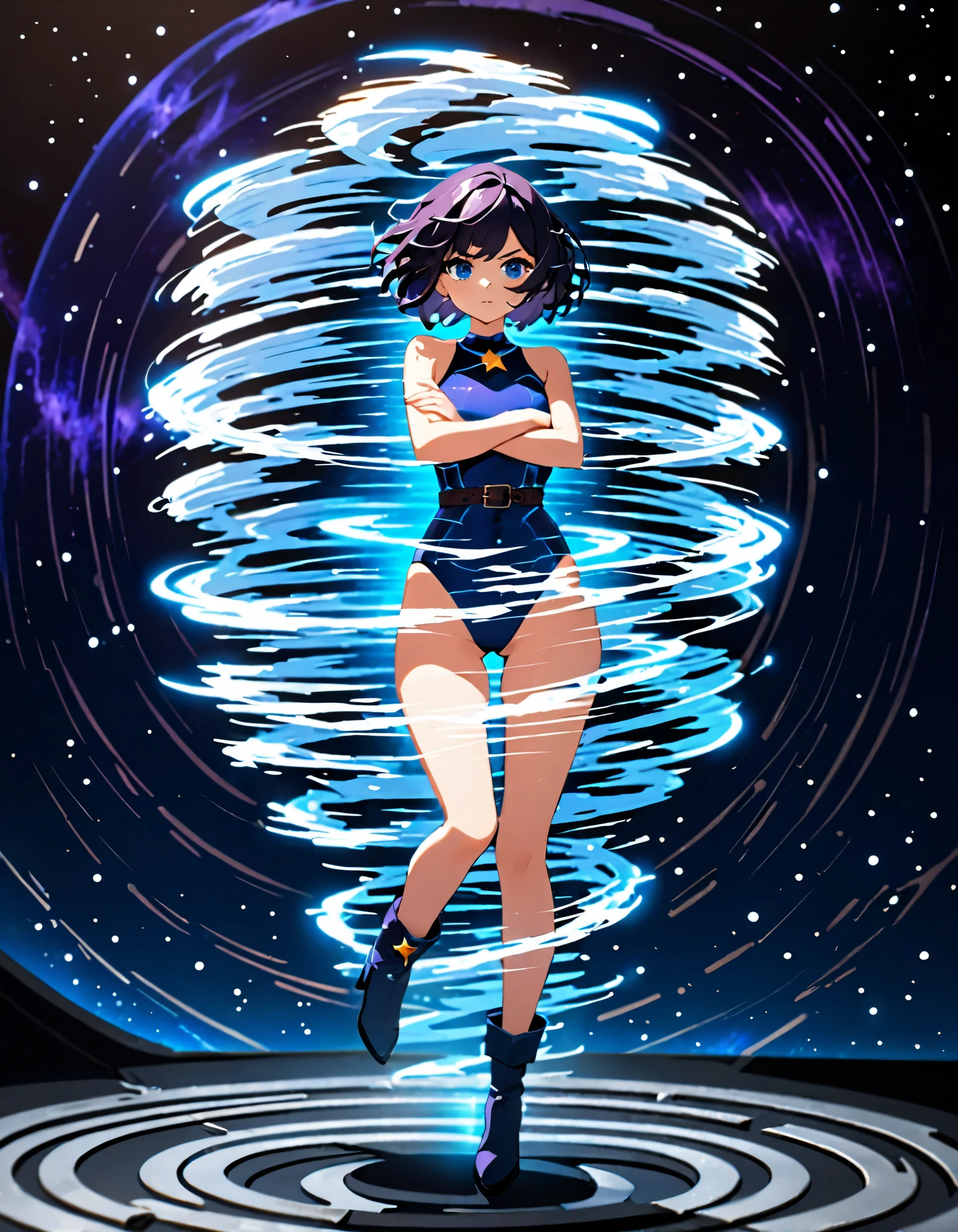 ((masterpiece)), ((best quality)), highres, 1girl, solo, green suit and tie, leotard, bare legs, matching shoes, looking at viewer, city backdrop, perfect hands, perfect eyes, perfect leotard, perfect legs, perfect arms, perfect fingers, medium breasts, standing, purple hair, short hair, bob hair, blue eyes, standing, (full body), super spin, twirl, magic, light particles, power, swirls,