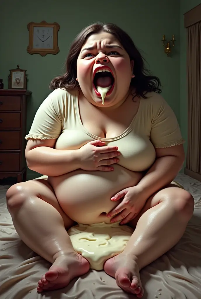 A very fat young woman biting greasy food. She is blonde and has a pretty face. Even so, His face is fat. She is naked and soaked in the grease from the food. She is sitting on a bed but she is so obese that she barely fits in the bed.