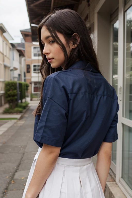 black hair, a full body rear view of an Asian girl looking back, depth (DOF: 1.6). She has straight eyebrows, wears a blue mask, and dons a naturally draped blue short-sleeved factory uniform shirt. She pairs it with light blue loose straight-cut jeans, a （high:1.2) ponytail tied with a blue and white printed handkerchief, and a ((phone )) tucked in the back pocket. Walking on the sidewalk, bathed in bright sunlight, exuding hope, shimmering with morning light, featuring low-saturation tones, vibrancy, and photography., Surrealism, realism, 8k, super detail