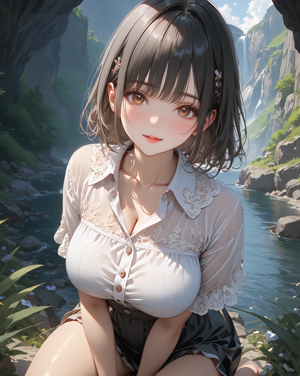 Super detailed illustrations , finely, quality, (masterpiece:1.2) , (photo realistic:1.2) , (best quality) , (fine skin:1.3) , (intricate details) , ray tracing, dramatic, pretty girl, A brave traveler was navigating a winding mountain road., She marveled at the breathtaking views of the valley below..