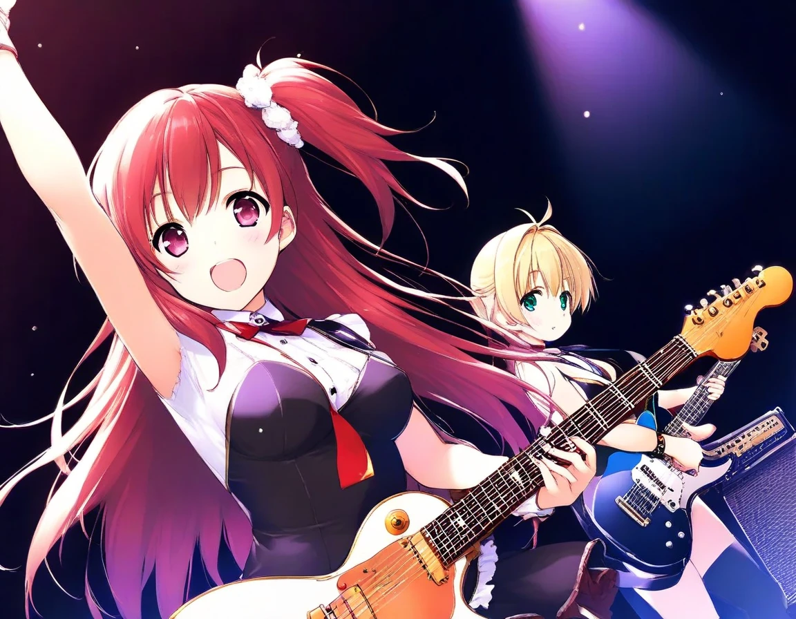 JK, anime girl band、2 girls、detailed electric guitar、Correct fingers、 happy expression 、on stage、 Rock Band、 drums、Amplifier、audience、Resplendent lighting、top quality、8k、high definition、masterpiece、real、Ultra-detailed