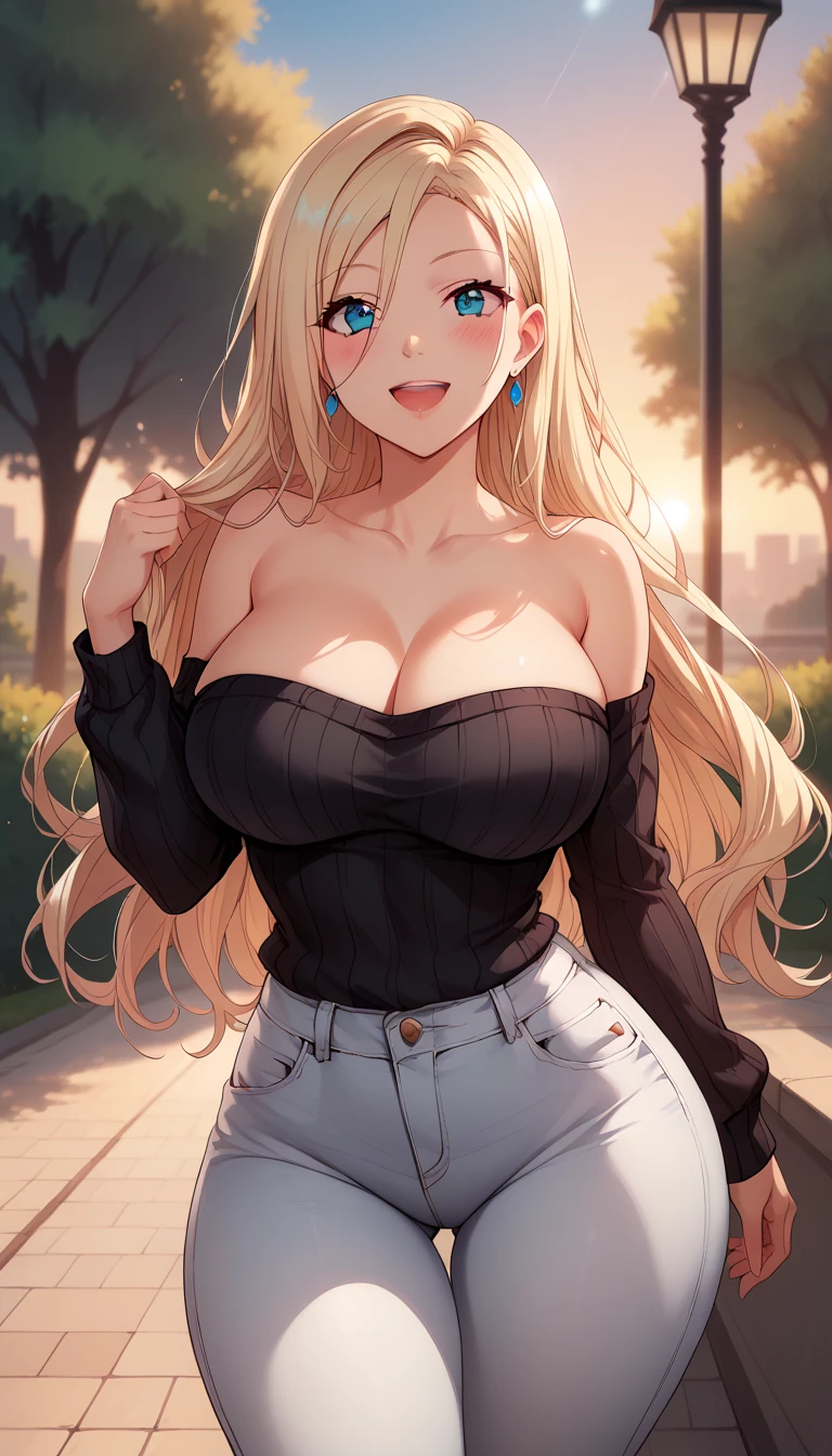 1 girl, mouth, lips, smiling, (perfect eyes), (details in the eyes), single focus, seductive beauty, big hair, locks, bangs, (lighting effects in the hair), (details in the hair), seductive expression, seductive aura, ambient lighting, (black blouse), (long tight ripped jeans), thick legs, thick thighs, backdrop, background full of plants, green climate, green environment, (plants in the corners), beautiful day, ( body wetting), intricate details, enhanced lighting.
