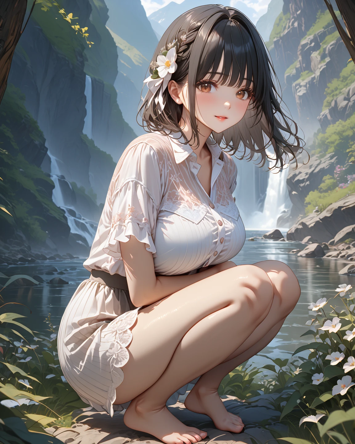Summer, meadows, few small flowers, clear lakes, sheep, heaven, large clouds, blue sky, hot weather, HD detail, wet watermark, hyper-detail, cinematic, surrealism, soft light, deep field focus bokeh, distant view is snowy mountains, ray tracing, and surrealism. --auto --v6