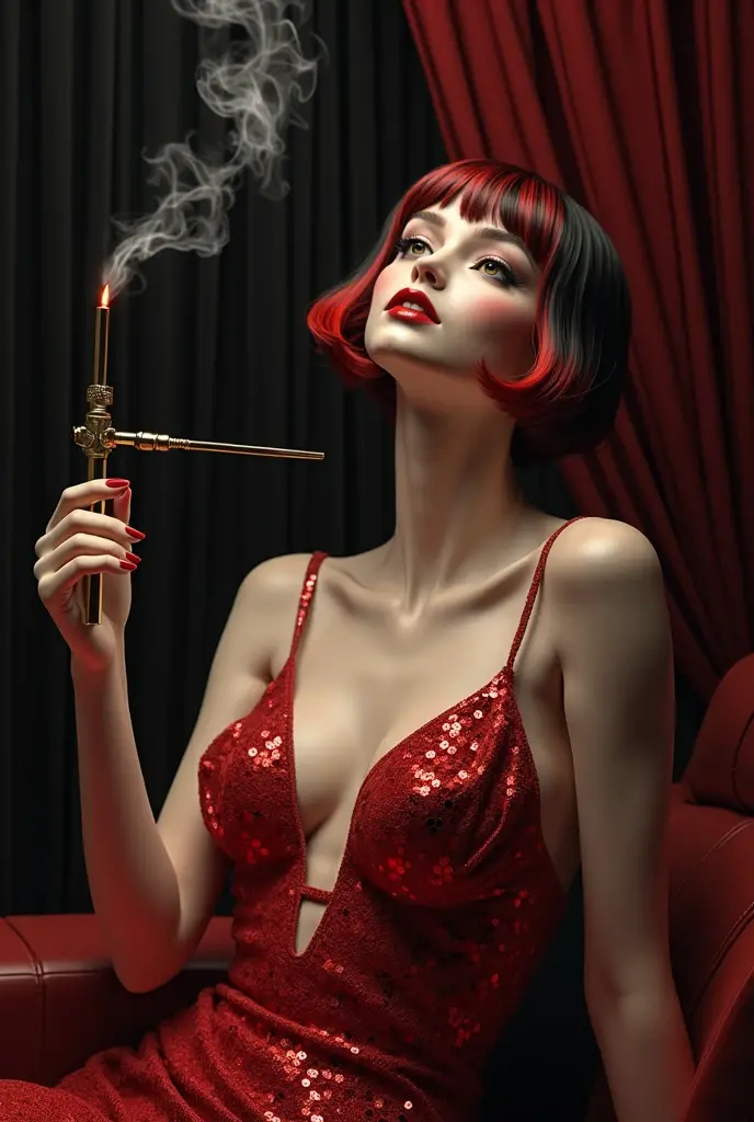 a glamorous 1940s female gangster, scarlett joanson, exquisitely dressed, ultra-sexy, holding a cigarette, smoke, sophisticated retro hairstyle, red lipstick, dramatic chiaroscuro lighting, photorealistic, 8k, hyperdetailed, high-fashion editorial, cinematic composition, moody and atmospheric, dramatic shadows, sultry and alluring