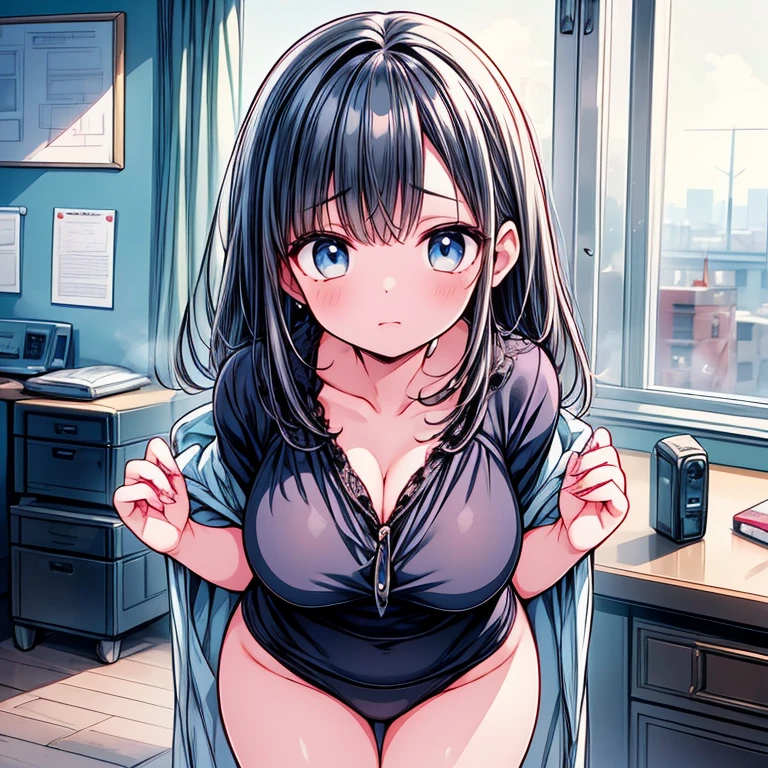 NSFW,Tomotake Yoshino,Long Hair、Gray Hair、High Ponytail、Hair Intake、hair ornaments、Parted bangs、blue eyes,Embarrassed,blush,(Aroused expression:1.3),sweater,Off the shoulder,Cleavage,Shorts,High-quality lingerie,(Perfect hands),(Perfect Anatomy),(masterpiece),(highest quality),Shopping mall