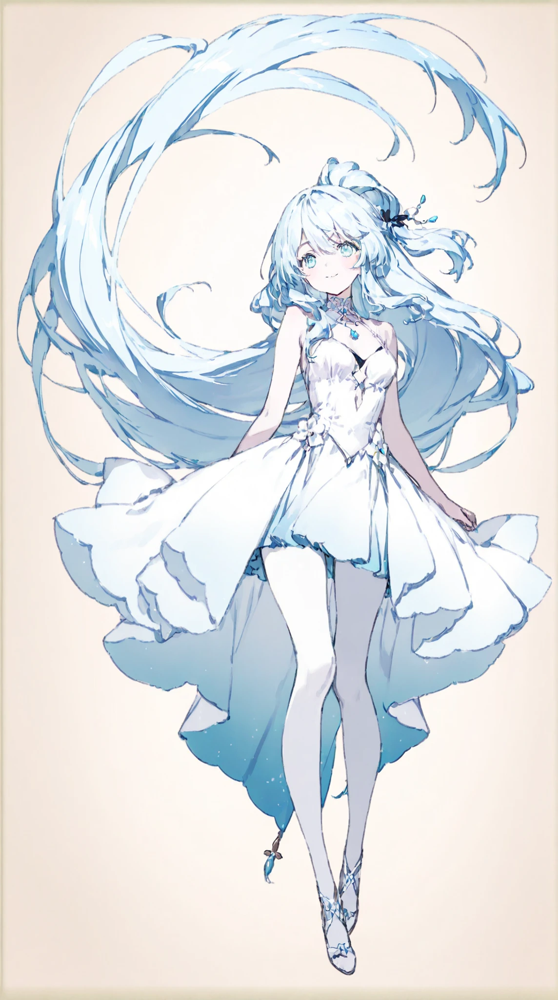 masterpiece、Close、Ultra High Quality、top quality、Bearish、Timid、 kind、 is quiet、clear、delicate、very long hair、leggy hair、anime style、((light blue hair tied at the top:1.5))、((light blue eyes:1.5))、bungs、pure white skin、Original Character、intricate design、Unique Design、Long Lashes、full bodyの描画、request、Possible Adoption、full body、background、((白いbackground:1.5))、full body、pure white skin、background無地、backgroundなし、characters only、 bright colors 、 Soft Smile。