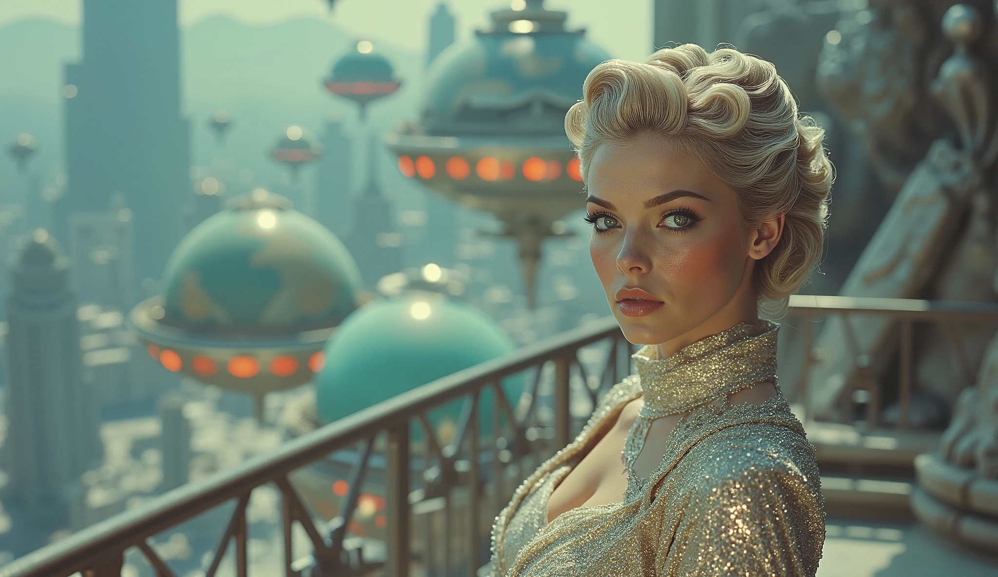 A mid-shot of an elegant interstellar queen, standing on a balcony overlooking a city of floating crystal domes. Her hair is styled in intricate metallic waves, and she wears a silver gown that glows faintly like bioluminescent silk. She gazes directly into the camera, her golden irises swirling with cosmic energy.