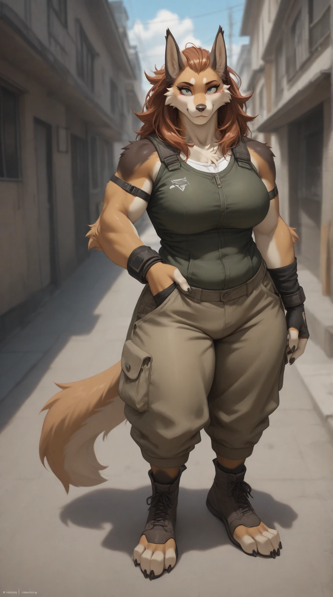 masterpiece, burly woman, exaggerated large muscles, skinny pants, high-heels, standing on your feet, beautiful attractive face, full body like, single female, very fair skin, thin waist, very broad shoulders, Strong and powerful arms, stout arms, strong and powerful leg muscles, looking to the camera, dog ears, fluffy dog ears