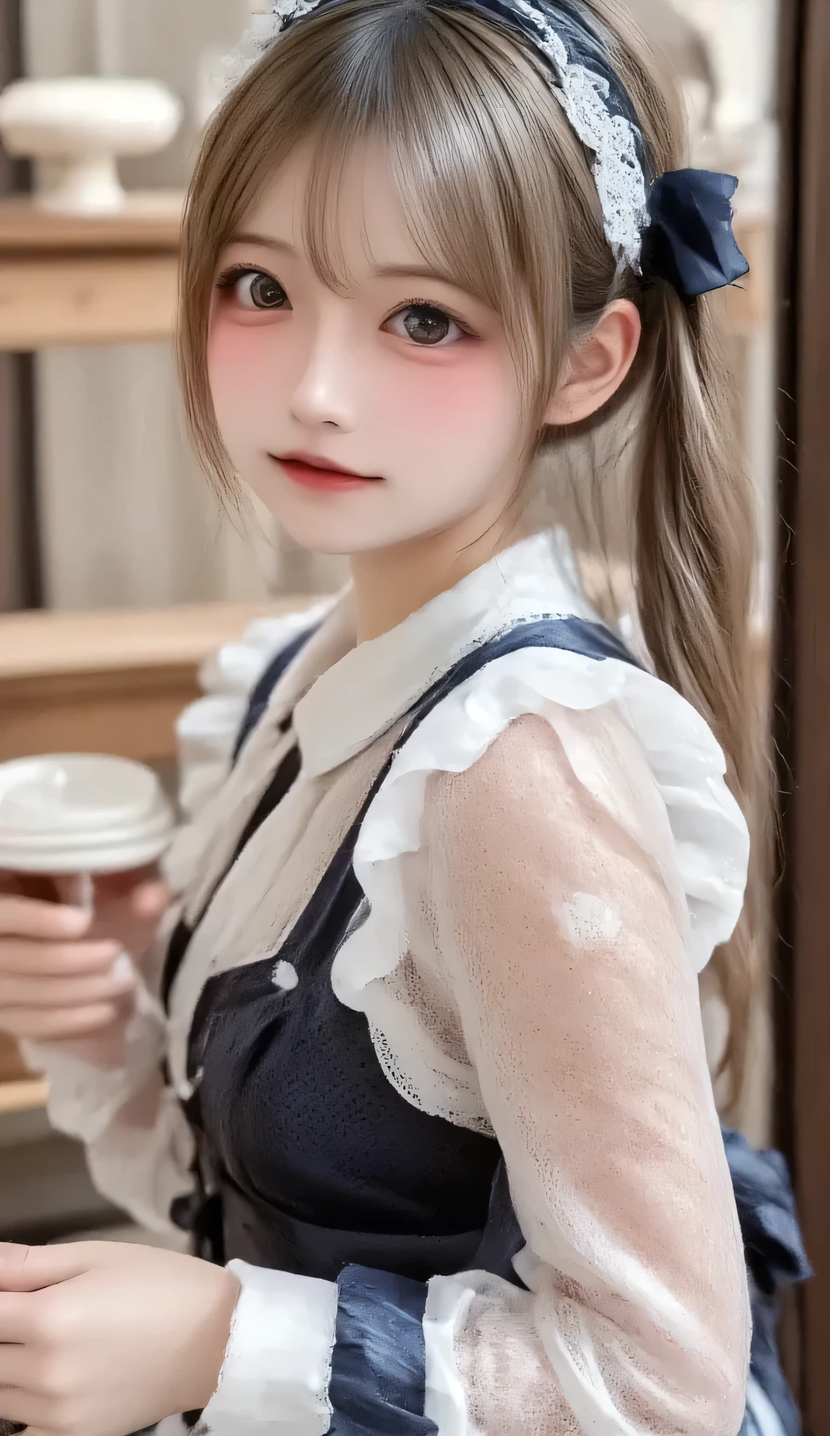 1 woman, high definition, masterpiece, accurate, anatomically correct, 最high quality, high detail, high quality, high definition model, textured skin, Ultra-fine, Hair, ponytail、smiles,, portrait photo on a gal telephone pole, Photo Quality、Maid Outfit、 waitress、Cafe、has Obon、Coffee cup and cut cake on top of Obon、Hospital、Inside the store