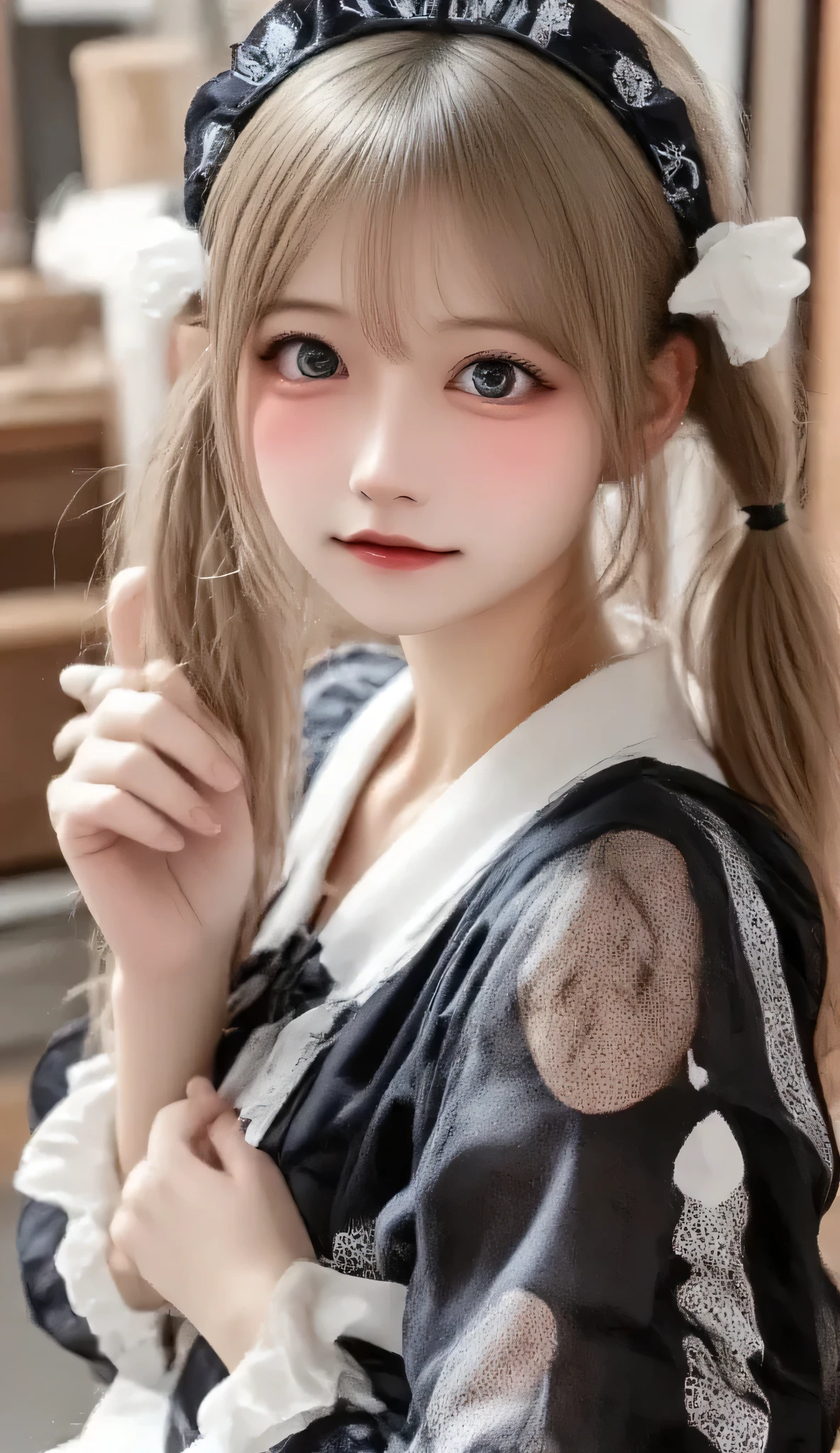 1 woman, high definition, masterpiece, accurate, anatomically correct, 最high quality, high detail, high quality, high definition model, textured skin, Ultra-fine, Hair, ponytail、smiles,, portrait photo on a gal telephone pole, Photo Quality、Maid Outfit、 waitress、Cafe、has Obon、Coffee cup and cut cake on top of Obon、Hospital、Inside the store