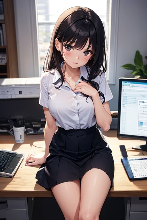 hu tao, 1girll, 独奏, ((white shirt)), black thighhigns,, 校服, office backdrop, a black skirt, pleatedskirt, office room, hair between eye, with brown eye, Flower pupils, long whitr hair, looking at viewert, brunette color hair, Short brown nails, 独奏, upper legs, long whitr hair, ((tmasterpiece)), Sat down, a chair, Study desk, Computer on the desk, name badge, ID tags, inside in room, Blushlush, sexyposture,(long twintail)),short- sleeved,