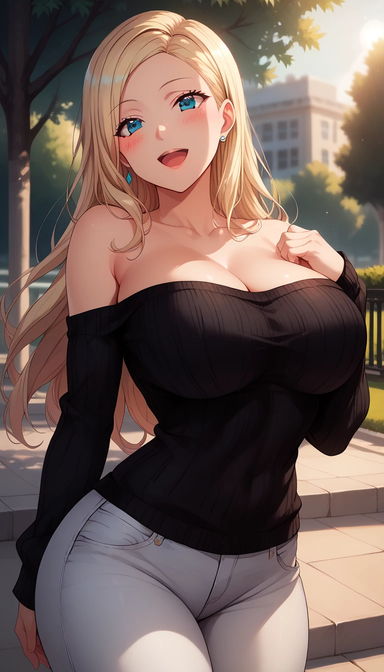 Medium round breasts, (1 mature Girl), ((light caramel color hair: 5.2, long straight style, messy bangs)), blue eyes, double eyelids, light effect on the eyes, wide hips, black off-the-shoulder skirt dress , stylish, beautiful smile, shy, blush on cheeks, ((sexy body)), solo, best quality, masterpiece, portrait, flirting with viewer, sensual pose, detailed, perfect anatomy, detailed art, high definition, 4k , high resolution, garden, grass, holding bouquet of flowers
