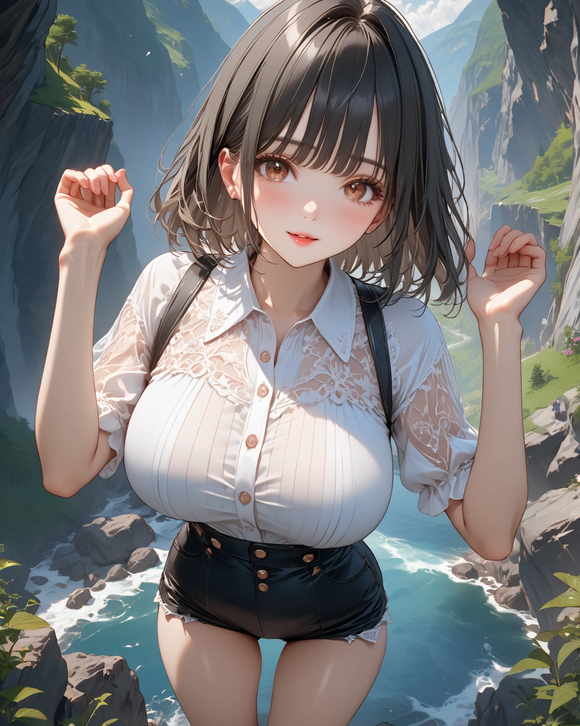 (masterpiece:1.2, Highest quality), (Realistic, photoRealistic:1.4), Ultimate beauty、mature、(Beautiful Features、Detailed lips, Beautiful eyes with attention to detail)、(Beautiful Teeth), blush, Captivating Gaze、masterpiece，（Highest quality，Hyper Detail)、 Natural Makeup，Looking at the camera、Looking up、alone，Cute woman in her 20edium breast、Short Bob Hair、(Bangs too)、Mysterious Beauty, Perching on the clouds, (Fantasy Illustration:1.3), Captivating Gaze, Seductive posture, The charm of another world, Mystical Sky, (Written by Luis Royo:1.2), (Yoshitaka Amano:1.1), ((moon 夜)), pastel colour, (Cloud Detail View:1.3), Outdoor、palace、 (Detailed catsuit、Pleated mini skirt、Floralのパンティ、Black Choker、Earrings、(topless:1.6)), Side Lock, (Midnight background, full moon、Fantasy、Floral、petal)、(Semen on her cleavage:1.6)、(Wet skin:1.3)、(Cowboy Shot)、(Shot from above)、(I&#39;m worried、Open your mouth:1.2)、(Licking your fingers:1.3)