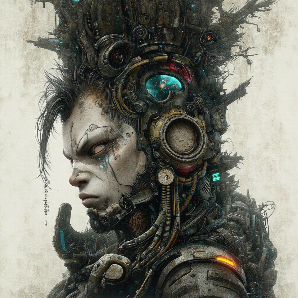 (intricate details:1.3), profile of a (bald:1.3) female cyborg with many mechanical parts attached to her body and head, open eyes, empty rounded blue eyes, skin covered with scares and tattoos, skin with scars and tattoos, (a body sewn together from pieces like Frankenstein's:1.3), bdsm leather suits, her head turning into engine equipped with tubes and gears, close up portrait of an unhappy woman with a lot of wires and tubes coming out of her head, (grunge background:1.3), (dirty blue background:1.3), implants made of wires and gears, massive structure entangled by wires and tubes, close up portrait in style of AIDA_ColGruBioMec, (artwork by AIDA_ColGruBioMec:1.3) <lora:AIDA_ColGruBioMecV2:0.5>, (impressionism:1.3), (oil painting:1.3), (oil in canvas)