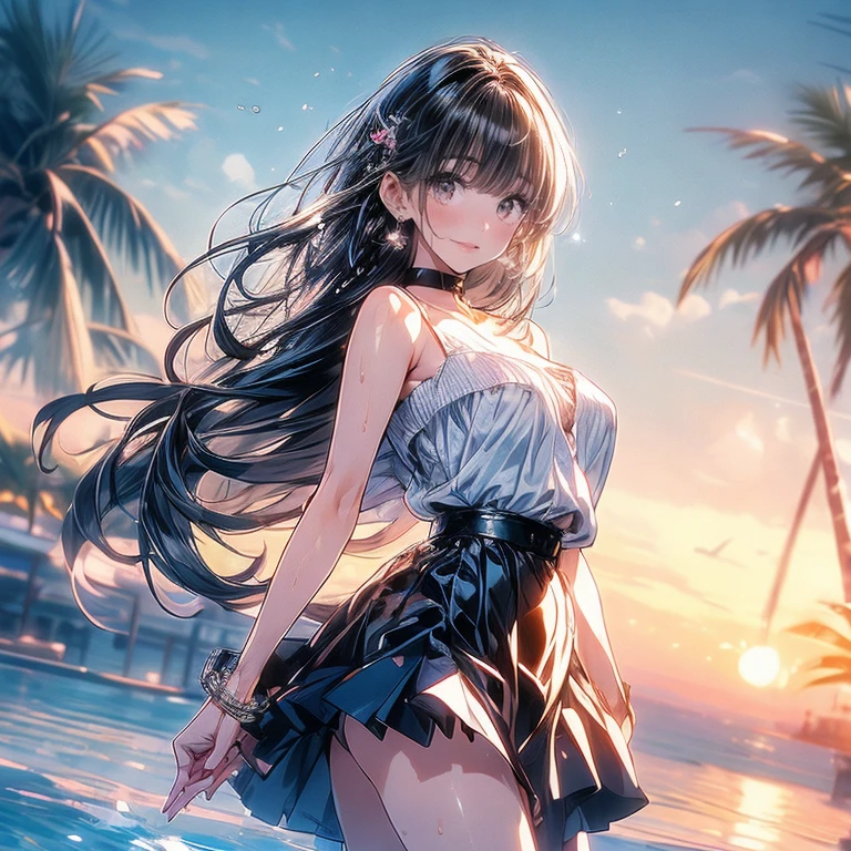 ((depic young girll)), (((top-quality, masterpiece))), 4k, HD, one girl, long hair, (((hair pulled back))), loose hair, (dark hair), straight hair, nice hips, Masterpiece, Excellent, complex details, delicate girl, delicate face, sassy, confident, ((lace bra lingerie)), (purple bra), (((salmon pink colored long skirt pareo))), big breasts, thin, very tight waist, ((light blue eyes)), sexy pose, clavicle, bare arms, flat belly, standing, sunset, beach, pirate atmosphere
