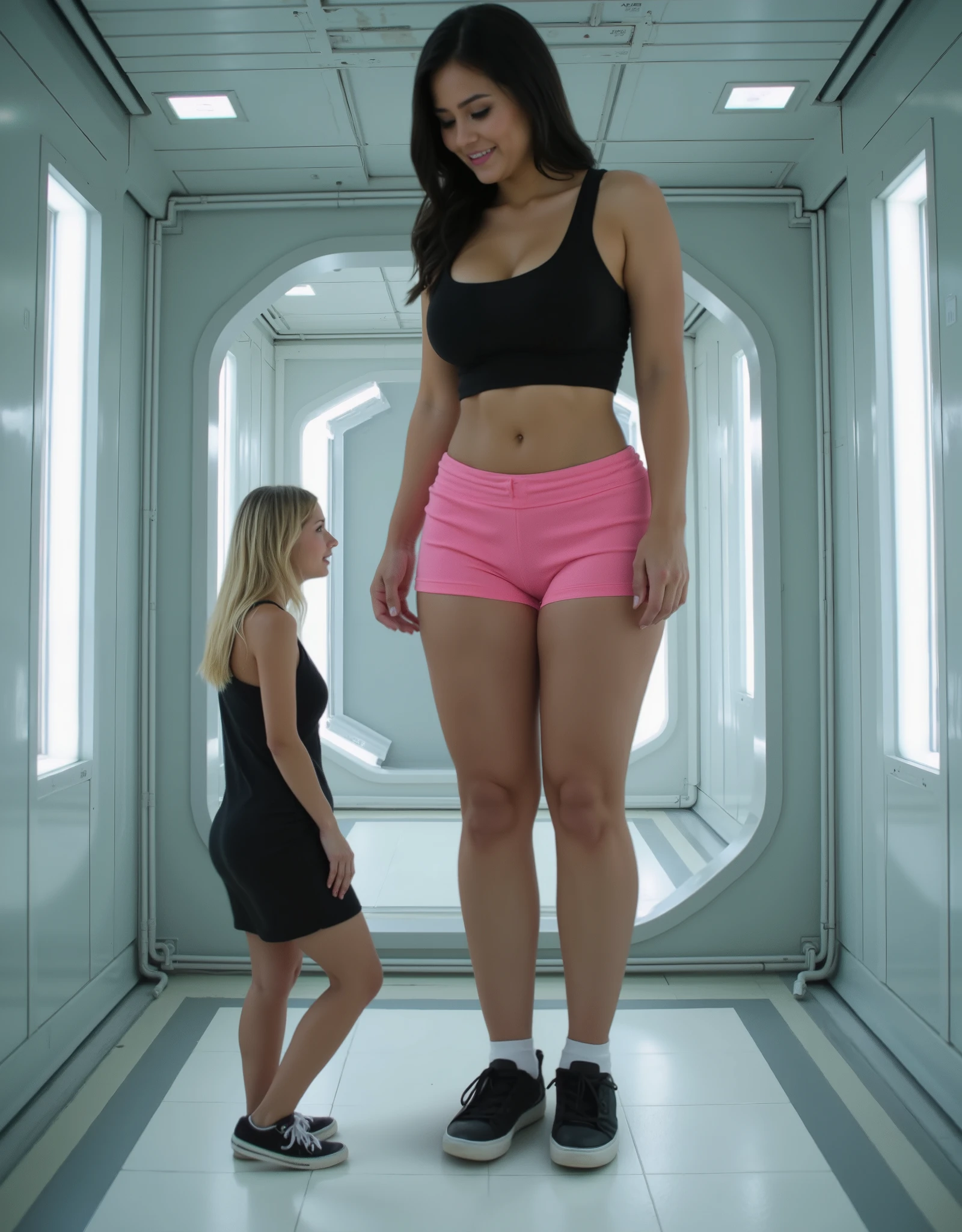 A photo of two gorgeous women of vastly different heights standing next to each other. On the left is an extremely tall, slender giantess of east asian descent. Her height is almost otherworldly, towering over everything around her. She is wearing a black crop top and pink gym shorts that hug her long legs. She has wide hips and thick thighs. She is wearing white sneakers. Her posture is confident. She is looking down at her friend with a playful smirk. Standing next to her on the right is a much smaller woman with blonde hair. She is wearing a black dress with black sneakers. She is a full grown woman with a slim thick petite body, and he barely reaches the height of the giantess's waist, emphasizing the dramatic size difference. They are standing in a sci-fi chamber. The atmosphere emphasizes the size difference between the two women.