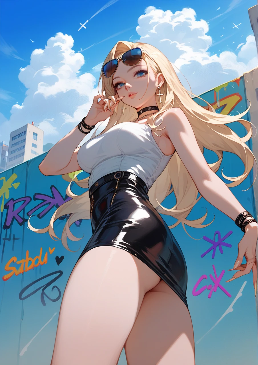 standing, below, score_9, score_8_up, score_7_up, 1girl, solo, blond hair, medium breast, hands, fingers, look at viewer, (pose), sexy, legs, sexy body, choker, anime, white top, (latex skirt), earrings, long nails , clouds, graffiti, necklace, cross, sunglasses