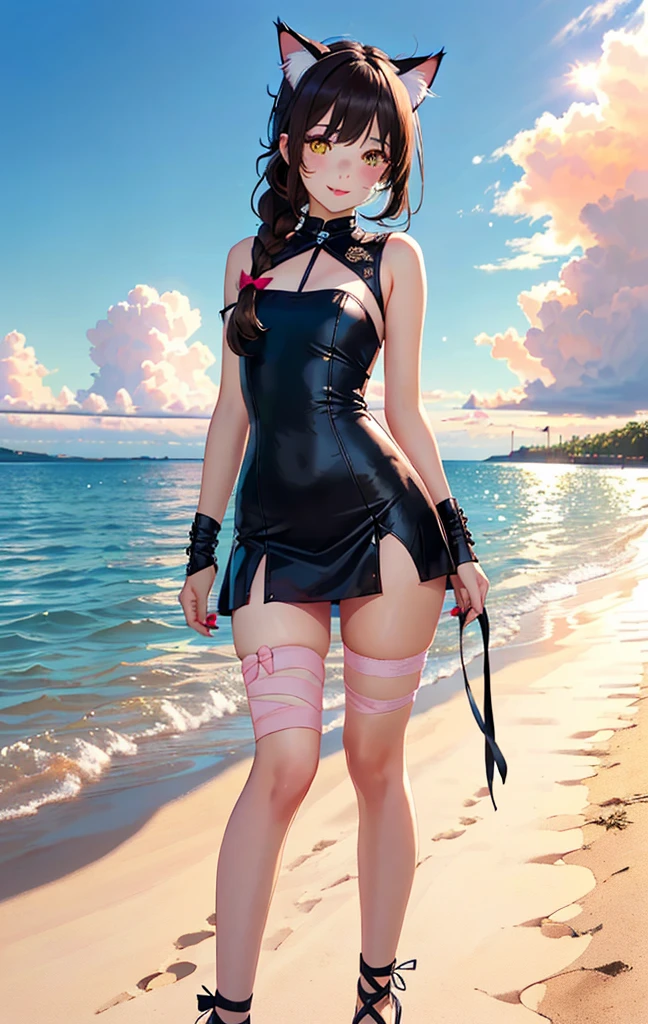 liquid thong, female focus, gloves, 1Girl, solo, long hair, brown hair, earrings, jewelry, simple background, black gloves, water, ponytail, low ponytail, grey background, extremely beautiful girl, (naked body), wearing micro black tiny g-string, mage long red robes, single earring, bangs, liquid hair, sky print,