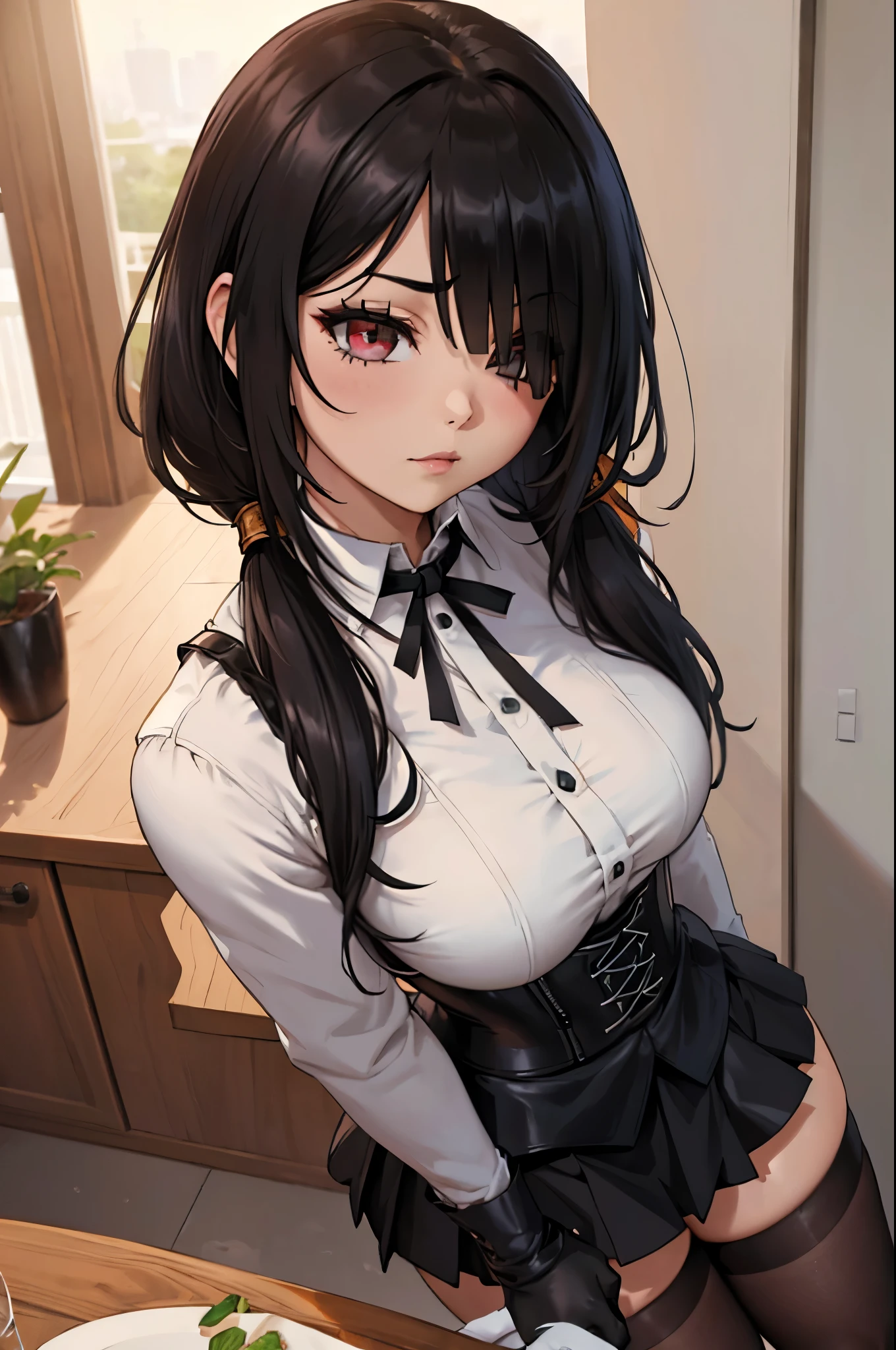 ((8K)), ((Chef d'oeuvre )), Kurumi Tokisaki, live quote , ((seen from above)), collar:1.6, ((comforter against her panties)), (pantyhose), ((Base gray )), Big Breasts, ((Base gray )), ( very high image quality ), (jewelry), ( Fine, detailed eyes and detailed face:1.3), (extremely fine and beautiful:1.1), (perfect details:1.1),  KurumiBlack , hair over one eye,  low pigtails, hair tie, ((long sleeve white shirt)), black gloves  , (black leather corset), (( short black skirts )), elegant dining room