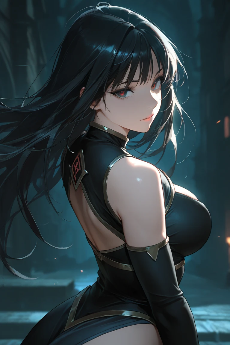 muscular 1 girl thick thighs thin waist perky breasts pale skin black hair long hair yellow eyes toned body tight dress angry,juri han ,Evil Smile