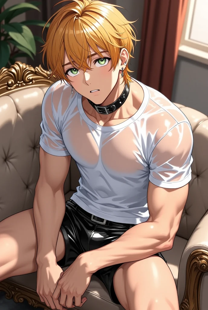 absurdres, highres, ultra detailed, HDR, master piece, best quality, perfect face, Quincy, blonde messy hair, expressive amber eyes, Nu Carnival, solo, sexy man, handsome, toned chest, horny, sensual, erotic, black coat, black boxers, sitting on a couch, flowers, petals, room