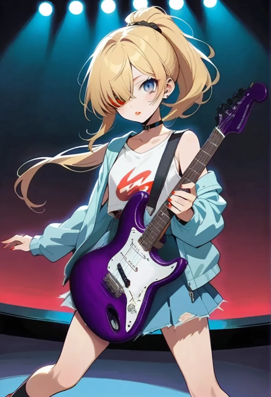 A young Japanese woman.
Long, straight blonde hair with long locks over her eyes and a small ponytail at the back.
his eyes are light blue.
She wears heavy makeup that highlights her eye color.
Soft red lipstick.
She wears a 90s Grunge style outfit, a long-sleeved white blouse with blue stripes, a ripped denim mini skirt and black allstar sneakers with ankle-length socks.
She is playing a red fender guitar.
She is facing the camera in an elegant and dynamic pose.
The scene is a stage.