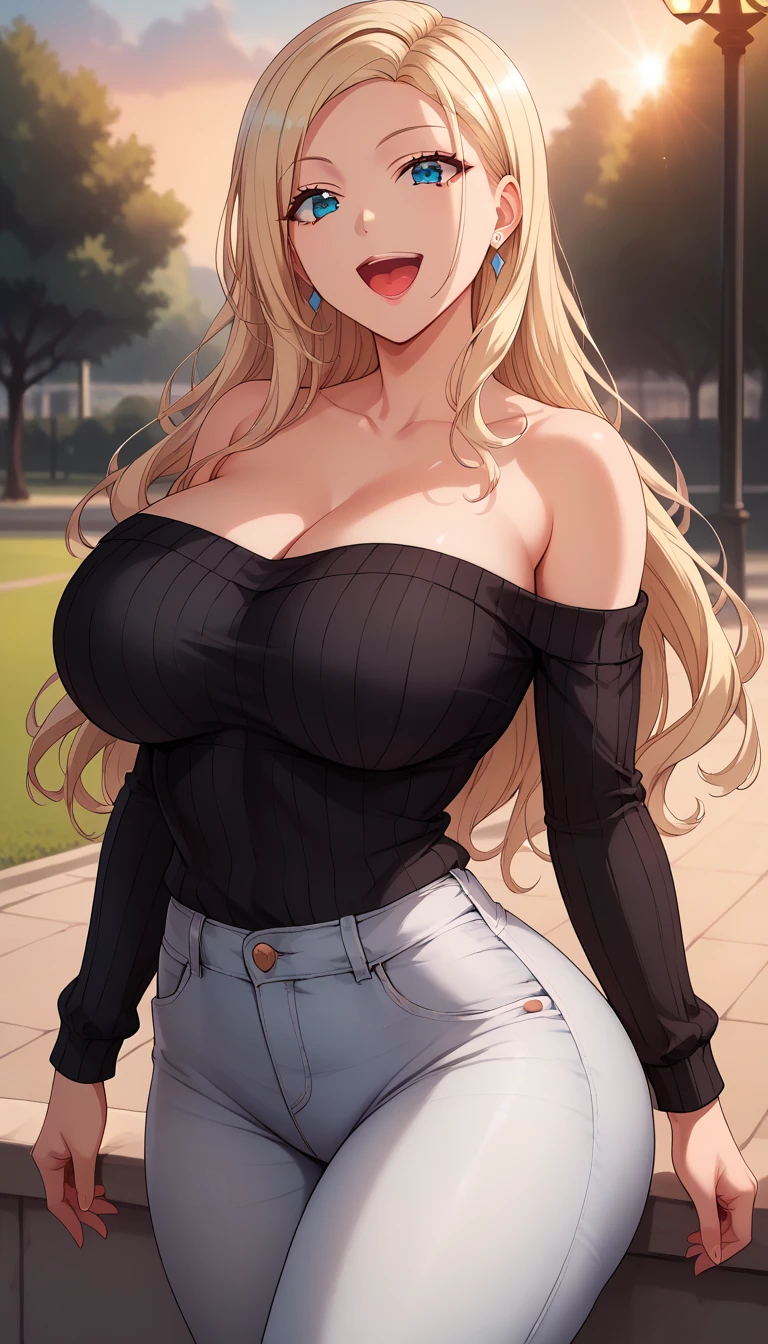 Kurashiki Reina, 
最high quality, masterpiece, Very detailed, high quality, high resolution, A girl, Adolescente, Blonde hair, Long hair, Solo, blue eyes, earrings, beautiful, beautiful and perfect face, smile, open mouth, Tongue out, View your audience, Bare shoulders, collarbone, Big Breasts, Big Ass, Standing, at park, outdoors, sunset, from the front, cowboy shot, thick thighs, upper teeth only, parted lips, symmetrical body, black sweater, denim jeans (white jeans), strapless, strapless sweater