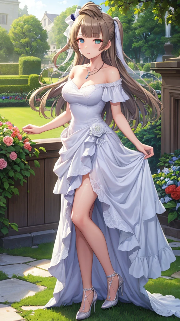 score_9, score_8_up, score_7_up, detailed, rating safe, absurdity, night, full body, from side, 1girl, 20years old, dancehall, standing, shiny skin, large breasts, breast apart, evening dress, neckline dress, aline dress, see-through:0.4, blush, looking at viewer, holding rose, 