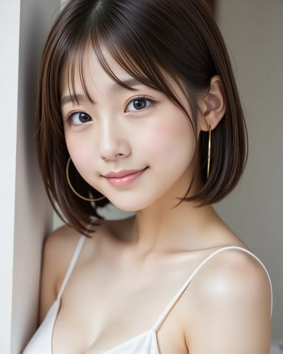 White hotel room、18-year-old female、Realistic Skin、((Dark Eyes))、A faint smile、Medium Short Hair、Beige tops、Yoshitomo Nara, shikamimi, Chiho, mayuri shiina, A real young gravure idol, beast, , Kotegawa Yui, 8k、narumi kakinouchi