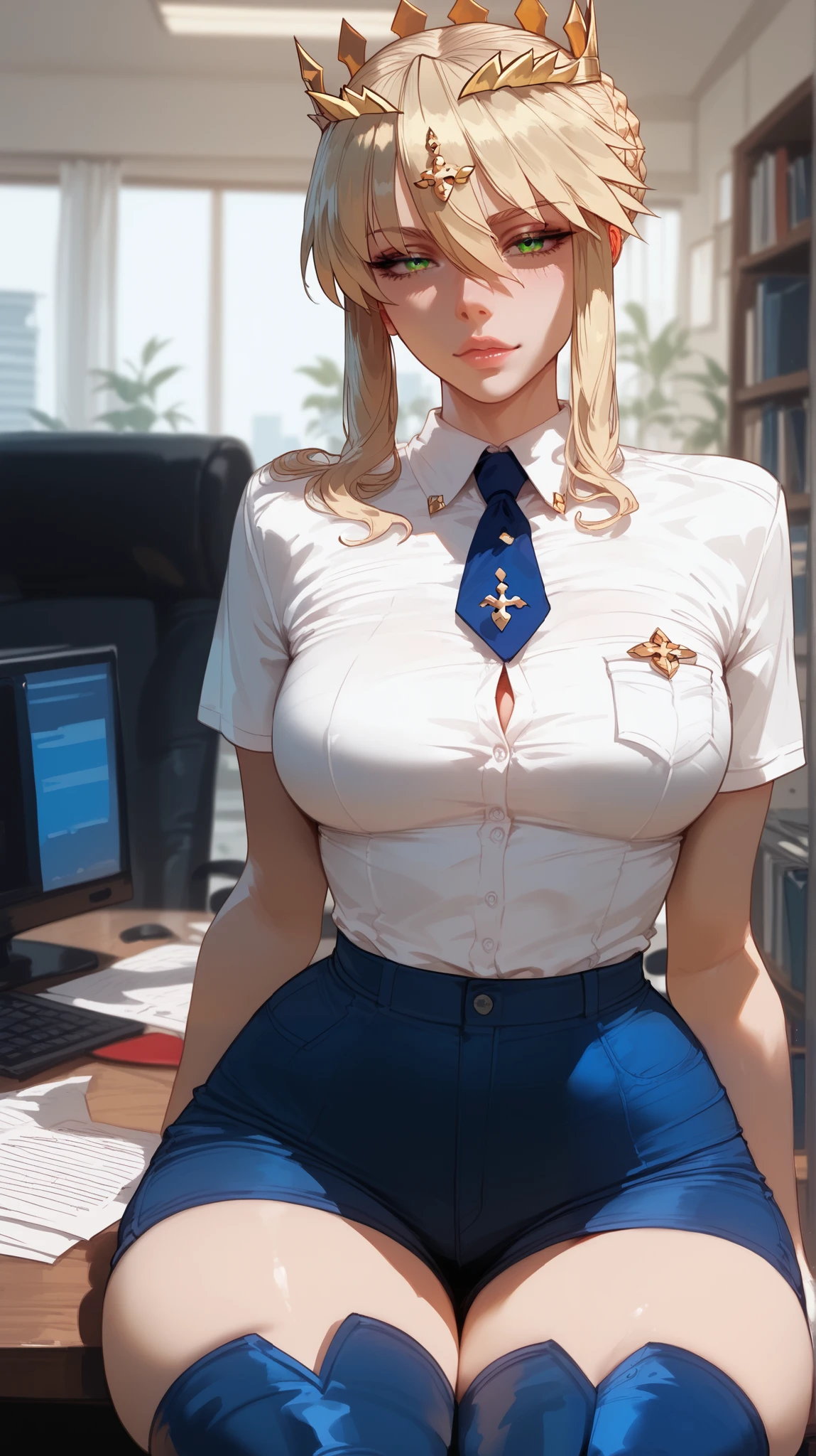 (((Skin exposed from disheveled uniform)))、(((((have sex and ejaculate)))))、((((insertion))))、((((sitting and spreading her legs))))、Nipples protruding from the bra、((((feel shy))))、((a blond))、beautiful  Girl、Large beautiful breasts、cleavage of the breast、A slender、オマンコ、(((((Seduction while being shy)))))、(((s Office)))