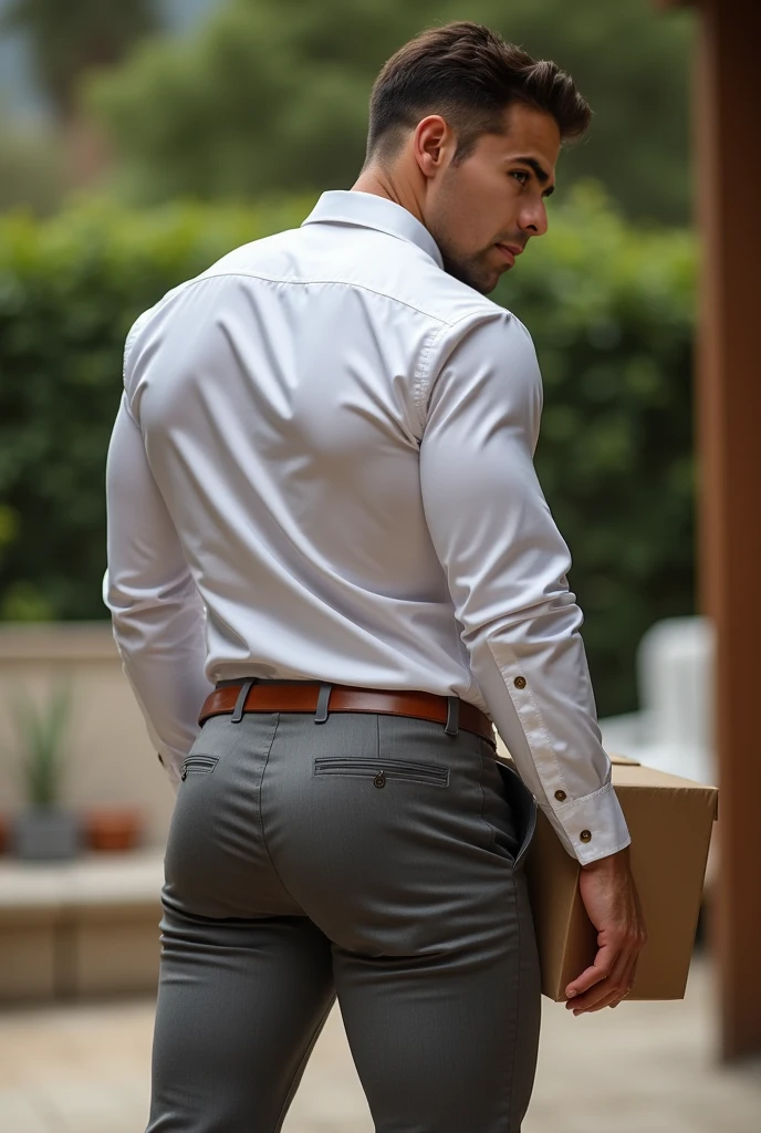 Rogelio Martínez, hombre barbudo y musculoso, muy guapo y varonil, intrincado, elegant, Sharp focus, foto de greg rutkowski, Soft lighting, Colores vibrantes, Obra maestra, ((calles)), cuerpo completo, gray formal pants, fajado, brown belt, backside