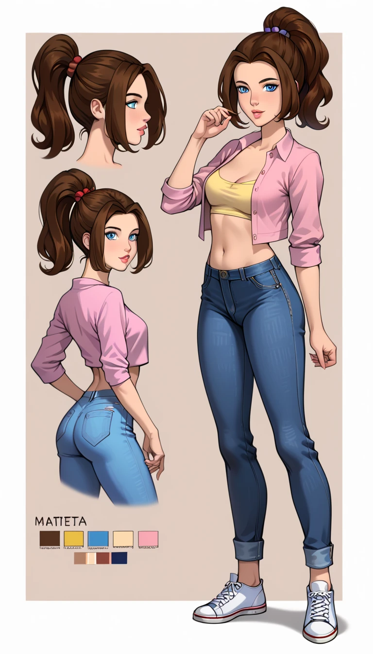 masterpiece, best quality, 1girl,highres, absurdres, full body,(ultra-detailed:1.1015), (illustration:1.1025), (infographic:1.1025), patent drawings, physical measurement, (all clothes configuration:1.1029), stationery, (solo:1.1025),standing, cohesive background, (large breasts:1.1), brunette ballerina, 5 fingers in hands, character sheet,