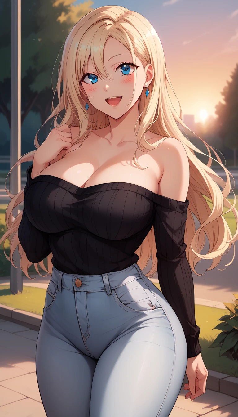 This is a captivating comic strip featuring an exceptionally radiant girl. The high-resolution images showcase her in stunning detail, with finely textured skin and a sharp focus on her expressive features. Her long, silky blonde hair cascades down her back, framing her mesmerizing blue eyes. She wears a sleeveless top and blue jeans, accessorized with earrings and a delicate necklace. With a playful grin, she strikes a confident pose against the serene outdoor backdrop of a beautiful sunset. This comic strip is a true masterpiece, sure to capture the hearts of all who behold it.