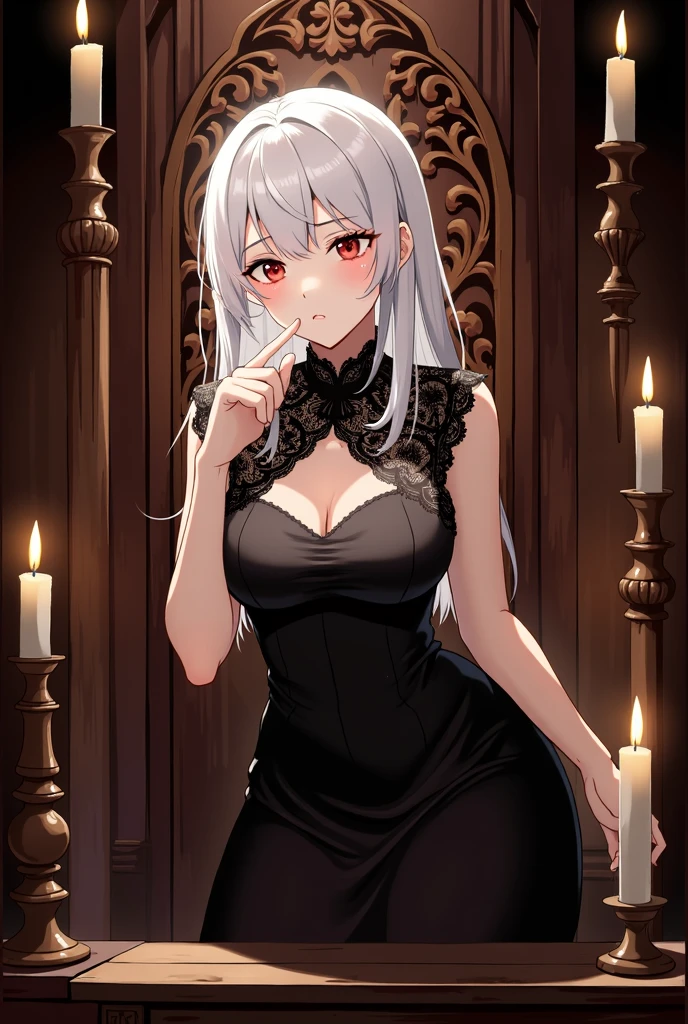 Masterpiece, High Quality, detailed face, defined eyes, ((detailed eyes)), Solo, female, anime female, (((teen anime female))), sitting pose, (((random sitting pose))), red eyes, (((deep red eyes))), cute smile, white hair, (((white hair with red bangs))), (((red bangs))), black dress with lace collar, (((black dress with silk sleeves))), Light right over head, ((forge in background)),