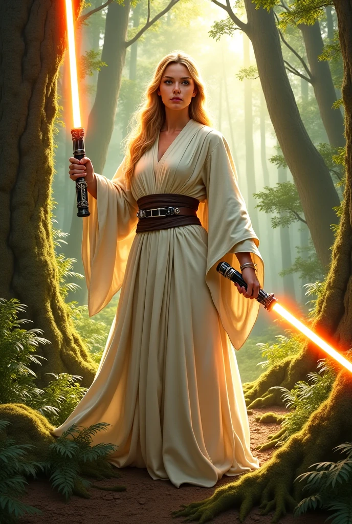 (8k, best quality, masterpiece),(best quality), (ultra highres), action pose, a beautiful woman <lora:AvrilV1:1.0> , detailed iris, blonde hair, full body portrait, wearing rey jedi robes, star wars, forest endor background, modelshoot style, intricate, elegant, skin details, realism, (hyperrealism), (cinematic), (hyperdetailed), hdr