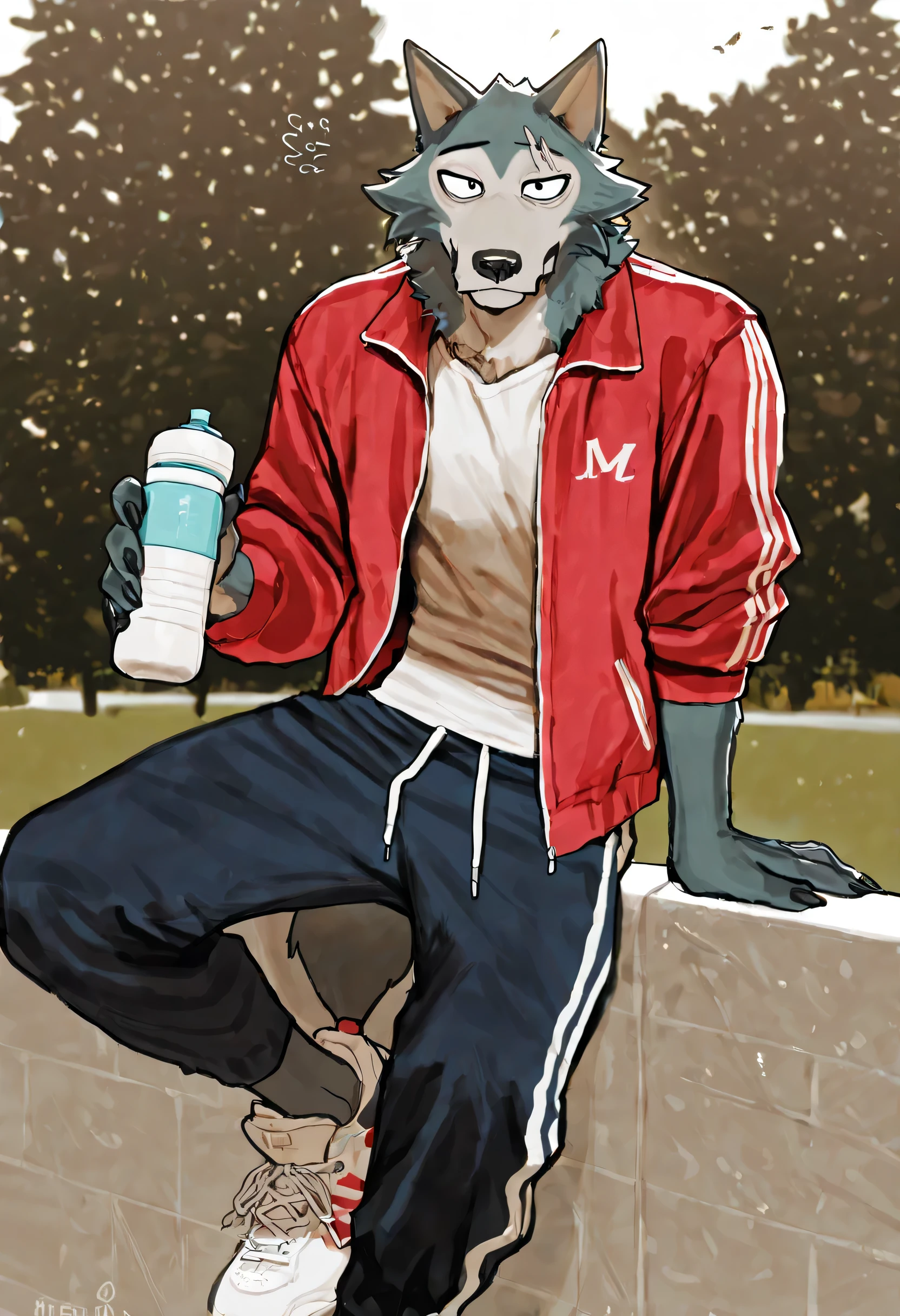 (soft shading, 4k, hi res, detailed face, detailed, Best quality, masterpiece, detailed anatomy, detailed eyes, perfect shading), by K0BIT0WANI, by Meesh, by by Bebebebe, 1male, solo, Wolf, Legoshi, dark blue with beige furs body, skinny chub body, black eyes, red windbreaker sweatshirt, red windbreaker pants, white shoes, holding a sports bottle, Walk, on the park
