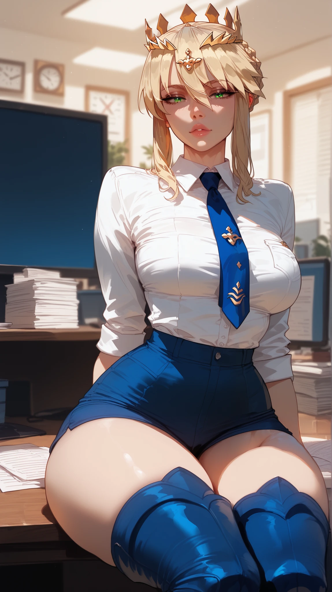 (((Skin exposed from disheveled uniform)))、((((sexually seducing))))、((((sitting and spreading her legs))))、Nipples protruding from the bra、panties on、((((feel shy))))、((a blond))、beautiful Girl、Large beautiful breasts、cleavage of the breast、A slender、オマンコ、(((((Seduction while being shy)))))、(((s Office)))