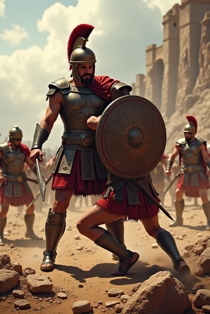 An epic and realistic high resolution scene featuring Spartacus, the legendary slave and gladiator, em uma intensa batalha contra Roman soldiers. Spartacus is in the center of the image, with tense muscles and a determined expression, brandishing a sword in combat. He wears worn leather armor and a typical gladiator helmet., while their opponents, Roman soldiers, are equipped with shining metal armor, round shields and spears. The battle takes place in an open field, with dust raised by the violent movements, and the tension of the fight is palpable. Ao fundo, glimpses of other gladiators and soldiers involved in the confrontation. The setting must reflect the brutality and intensity of war, with dramatic lights and shadows highlighting the action.
